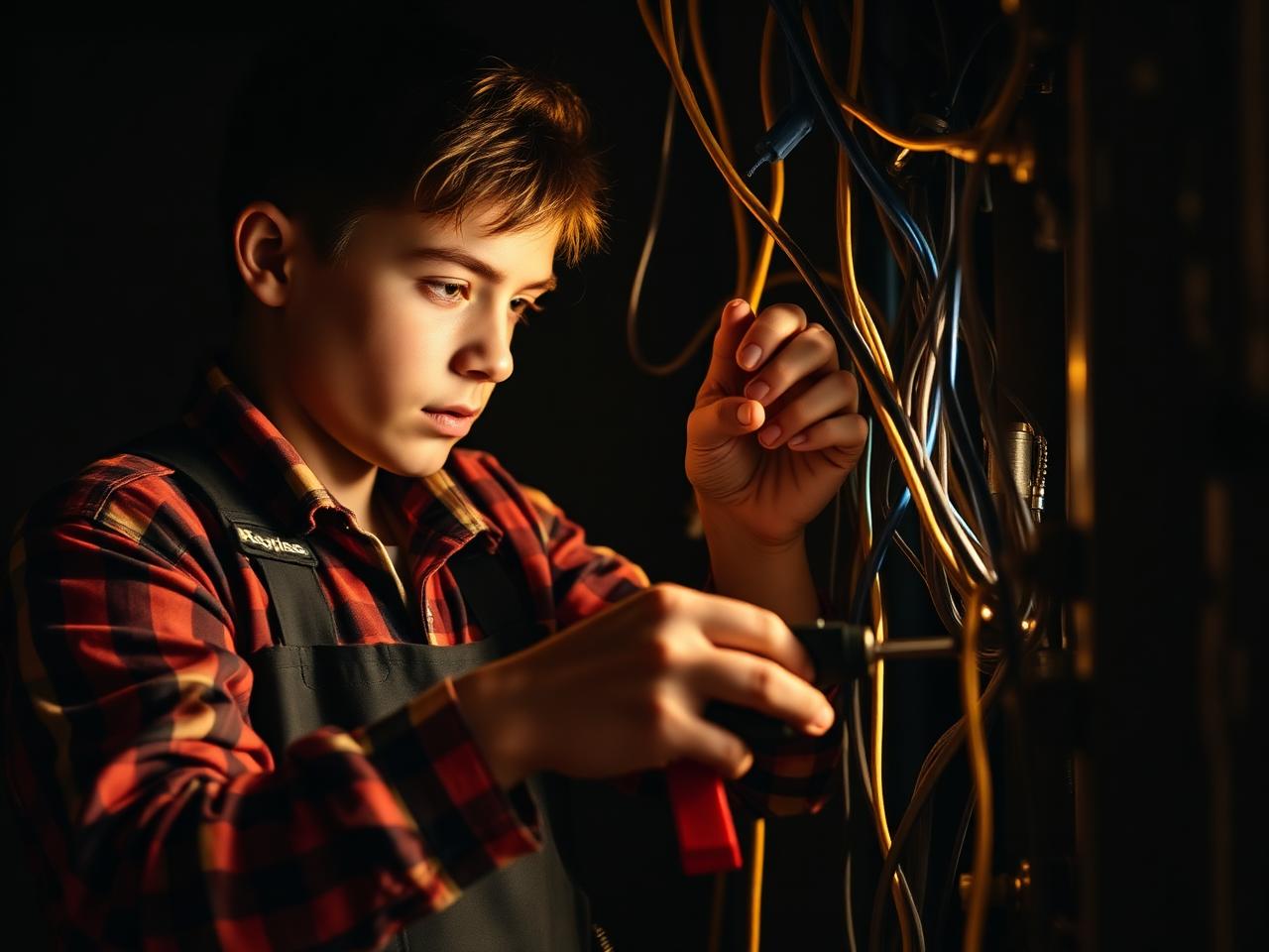 Apprentice working with electrical wiring